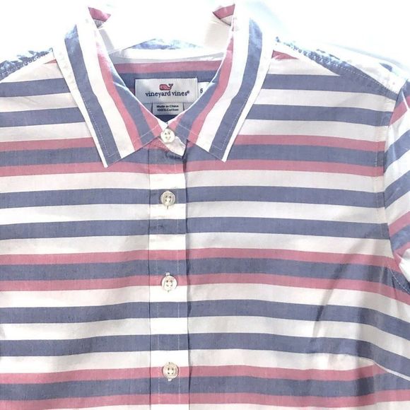 Vineyard Vines Button Up Popover Ladies 6 Blue Red Striped Cotton Long Sleeve - Picture 8 of 10
